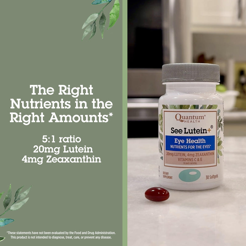 Quantum Health See Lutein+ Eye Supplement Lutein Zeaxanthin, 30 Softgels | Eye Health Supplement, Doctor-Formulated & Research-Backed, 20mg Lutein, 4mg Zeaxanthin, Vitamins C & E, Men & Women 30 Count (Pack of 1) See Lutein+