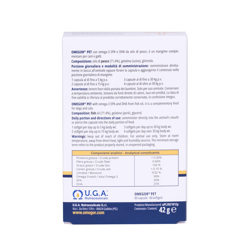 Omega 3 for Dogs and Cats OMEGOR Pet with EPA and DHA from Purified Fish Oil – Omega3 IFOS Certified - 60 Capsules to Keep Your Pet's Hair and Joints Healthy 60 unità (Confezione da 1)