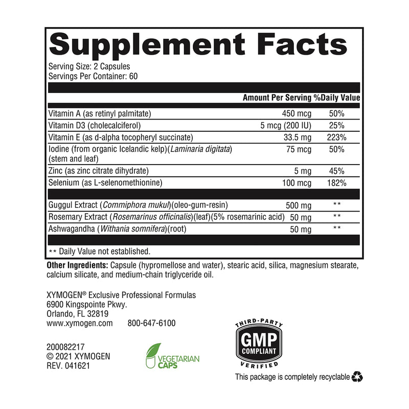 XYMOGEN MedCaps T3 - Thyroid Support Formula with Vitamins + Herbs - Selenium, Zinc, Vitamin E + C, Ashwagandha, Guggul Extract, and Iodine Supplement (120 Capsules)