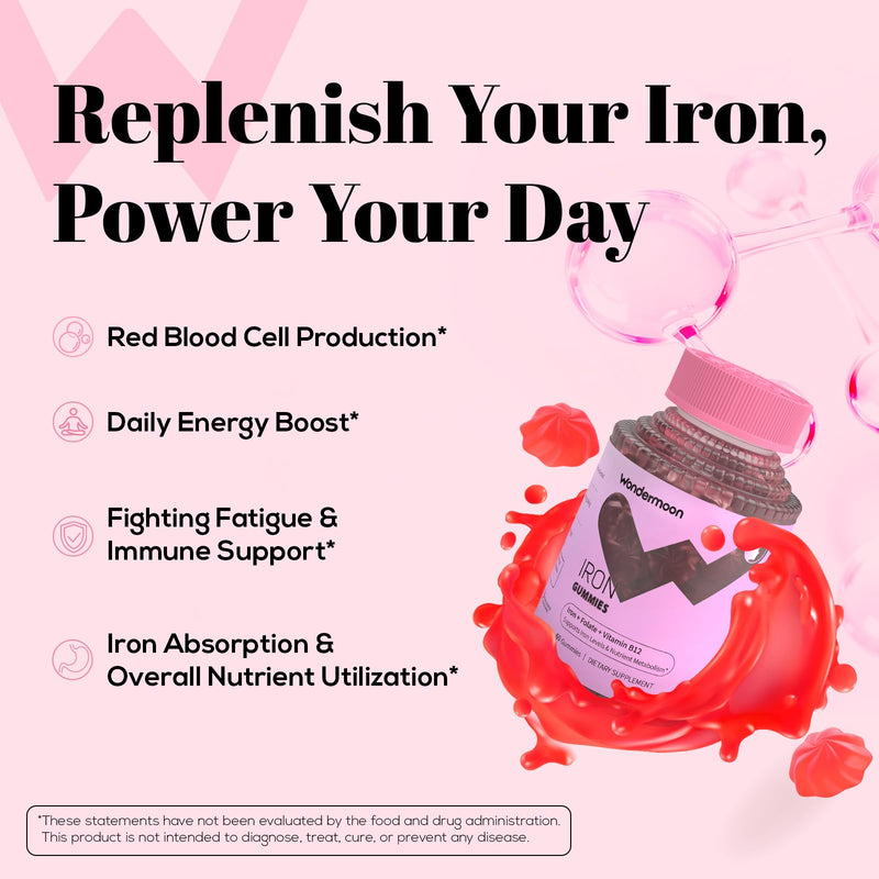 Wondermoon Iron Gummies for Women, Energy Support, Cherry Flavor, 60 Count | Iron Supplement with Vitamin C, B12, E, Folate for Iron Deficiency, Support Iron Levels, Energy & Stamina, Immunity Support