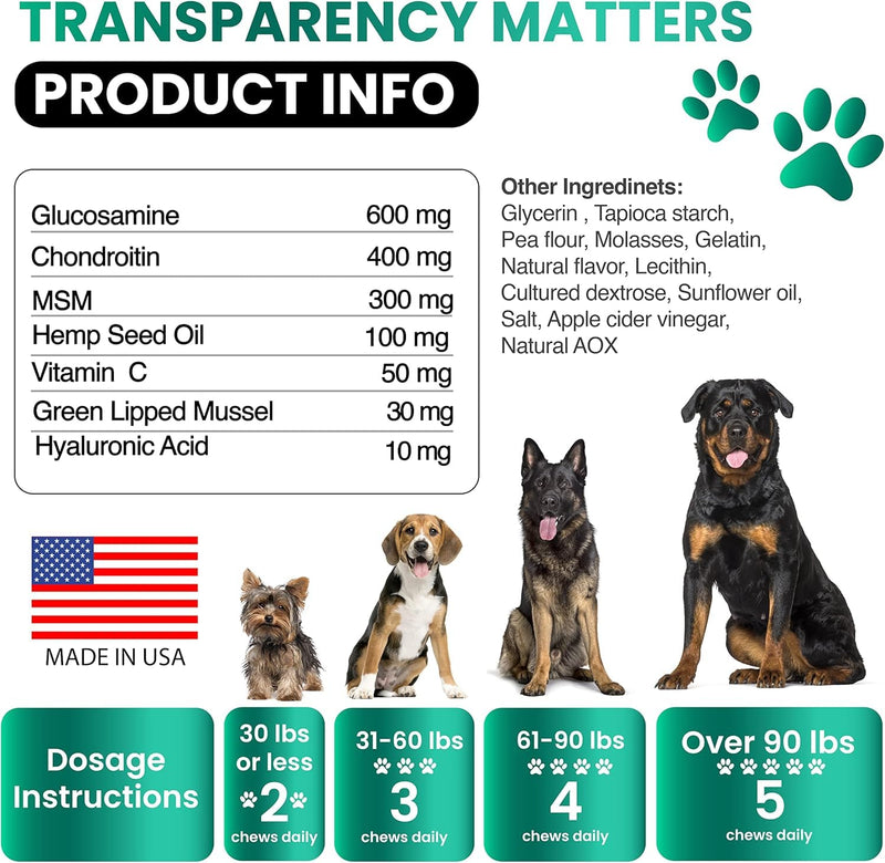 Grateful Pawz Hemp Hip and Joint Supplement for Dogs - Glucosamine for Dogs - 160 Joint Pain Relief Treats - Chondroitin, MSM - Advanced Health Supplement - Beef Liver Flavor - Made in USA 160 Chews