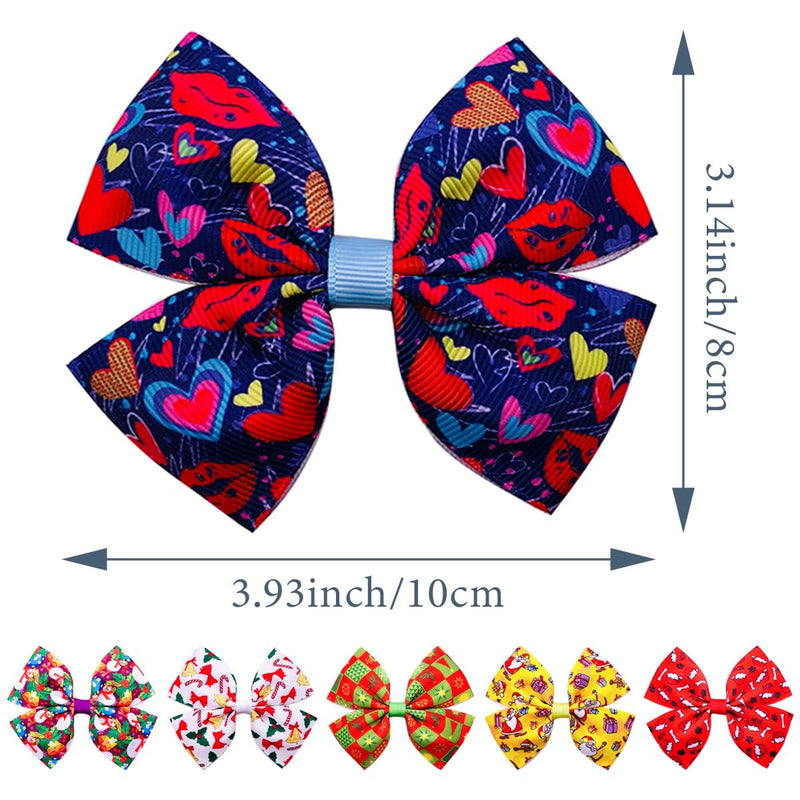 24Pcs/12 Pairs 4" Big Valentines Dog Hair Bows for Large Breed Dogs Heart Rose Kiss Lips Pattern Blue Pink Red Purple Yellow Black for Girl Boy Bowknot Topknot Grooming Hair Accessories 24pcs/12pairs 4'' Valentines - BeesActive Australia