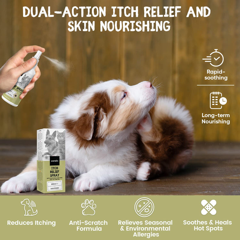 Cat & Dog Itchy Skin Relief Spray With Pure Aloe Vera, Tea Tree & Castor Oil - Natural, Lick Safe Itchy Dog Relief -Anti-itch Cat Spray and Itchy Dog Skin Relief For Allergies & Hot Spots -250ml