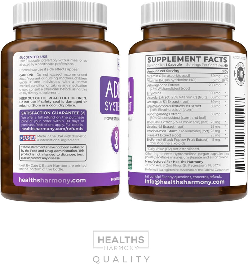 Adrenal System Support & Cortisol Manager (2 Month Supply) Powerful Ashwagandha & L-Tyrosine Fatigue Supplement - Maintain Balanced Cortisol Levels, Health, & Stress Relief - Non-GMO - 60 Capsules 60 Count - BeesActive Australia