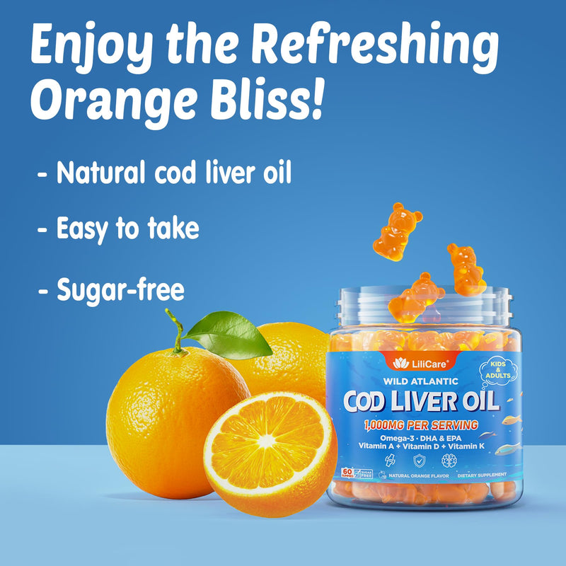 Cod Liver Oil Gummies with Omega-3, Vitamins A, D3 & K2 for Adults & Teens | Cod Liver Oil Omega 3 Fish Oil Gummies for Immune, Brain & Cognitive Support, Sugar Free, Orange Flavor, 120Cts 60 Count (Pack of 1)