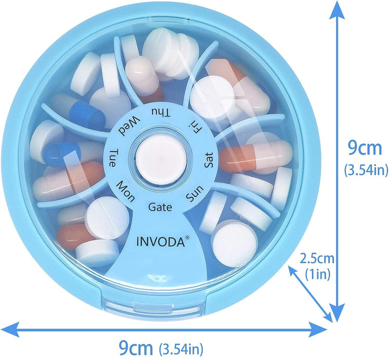 2PCS Portable Mini 7 Day Weekly Circular Shape Rotary Pill Storage Case Box | Small Pill Case Cute Pill Box 1 Time A Day for Pills Medication Supplements Vitamin Blue 2pcs