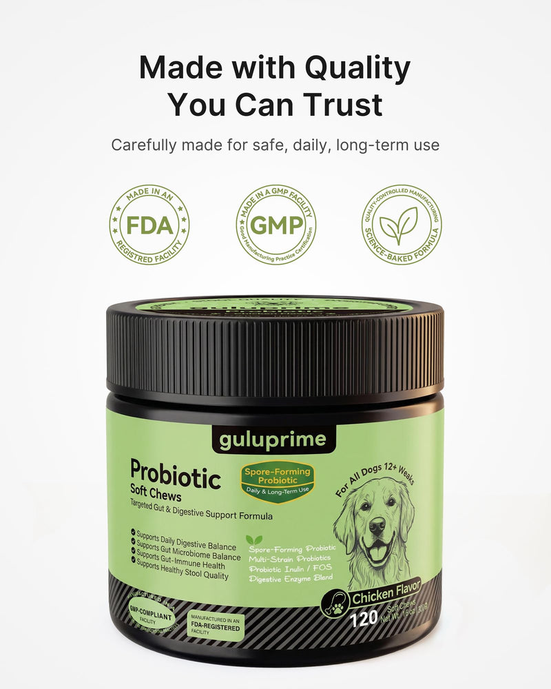 Probiotics for Dogs - Dog Probiotics Digestive Health Support, Dog Probiotic Chews with Spore-Forming Bacillus Coagulans, Prebiotic Inulin & Digestive Enzymes, Chicken Flavor, 120 Soft Chews