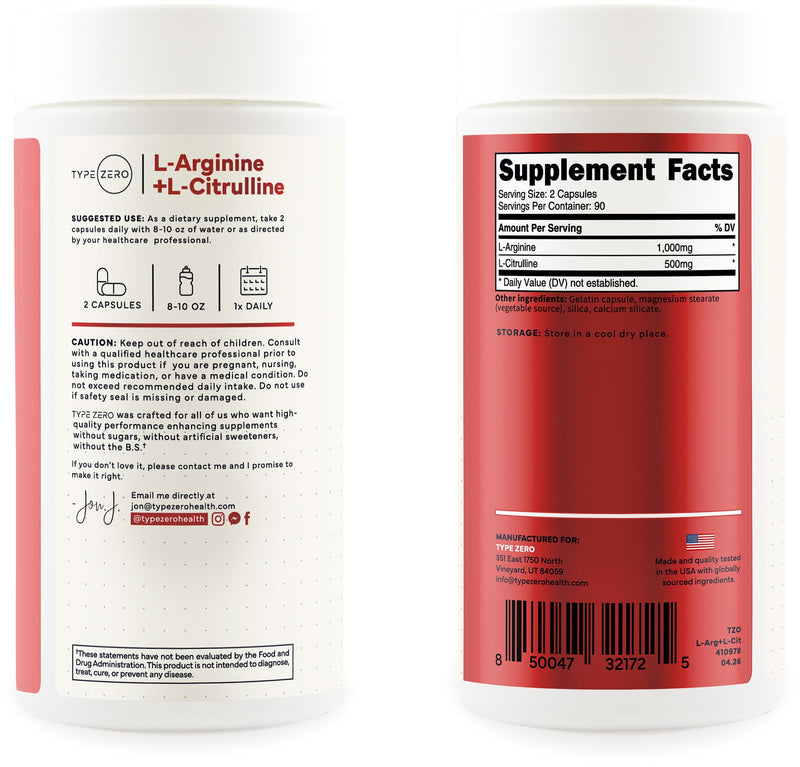 Type Zero L-Arginine + L-Citrulline Supplement (1500mg) 180 Capsules | Nitric Oxide Booster, Clean, Keto-Friendly, GMO-Free, 90 Servings