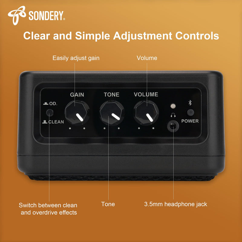 Sondery 5W Mini Amp for Electric Guitar Rechargeable with OD Clean Effects Black