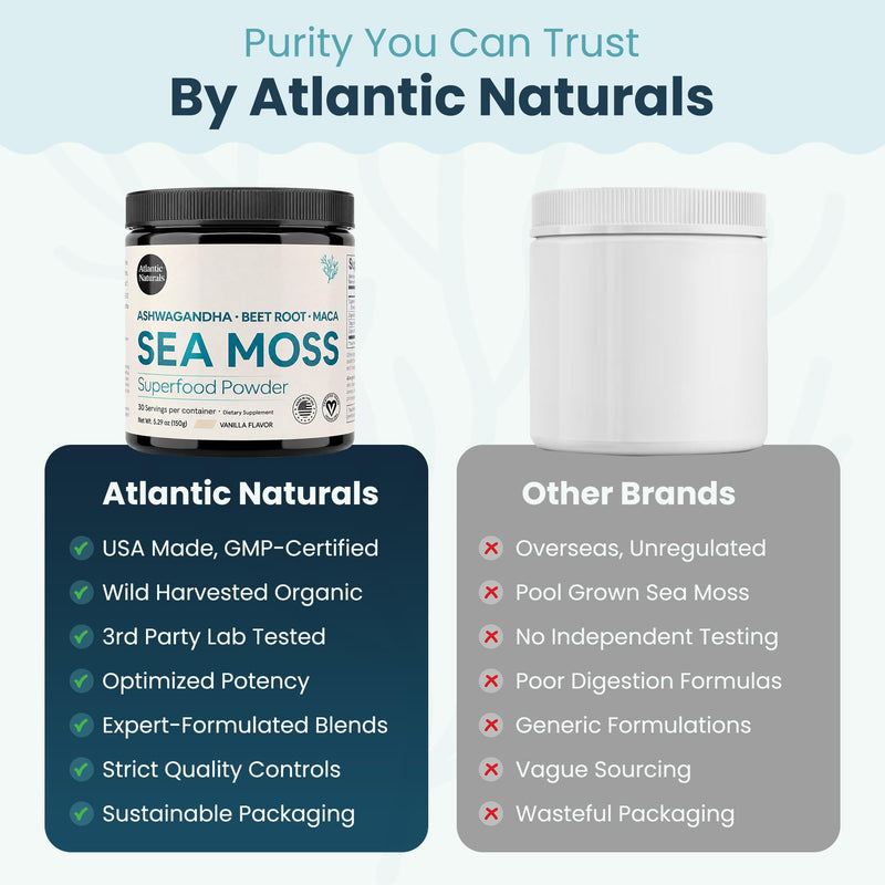 Atlantic Naturals Superfood Organic Sea Moss Powder Blend with Ashwagandha, Maca Root & Beet Root | Ideal for Healthy Skin, Positive Mood & Energy | Vanilla Flavor (150g)