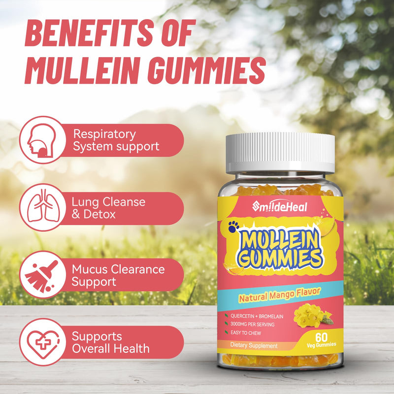 Mullein Gummies 3000MG, Sugar Free Mullein Gummies with Bromelain & Quercetin, Mullein Leaf Extract Supplements for Lungs, Vegan, 60 Count 60 Count (Pack of 1)