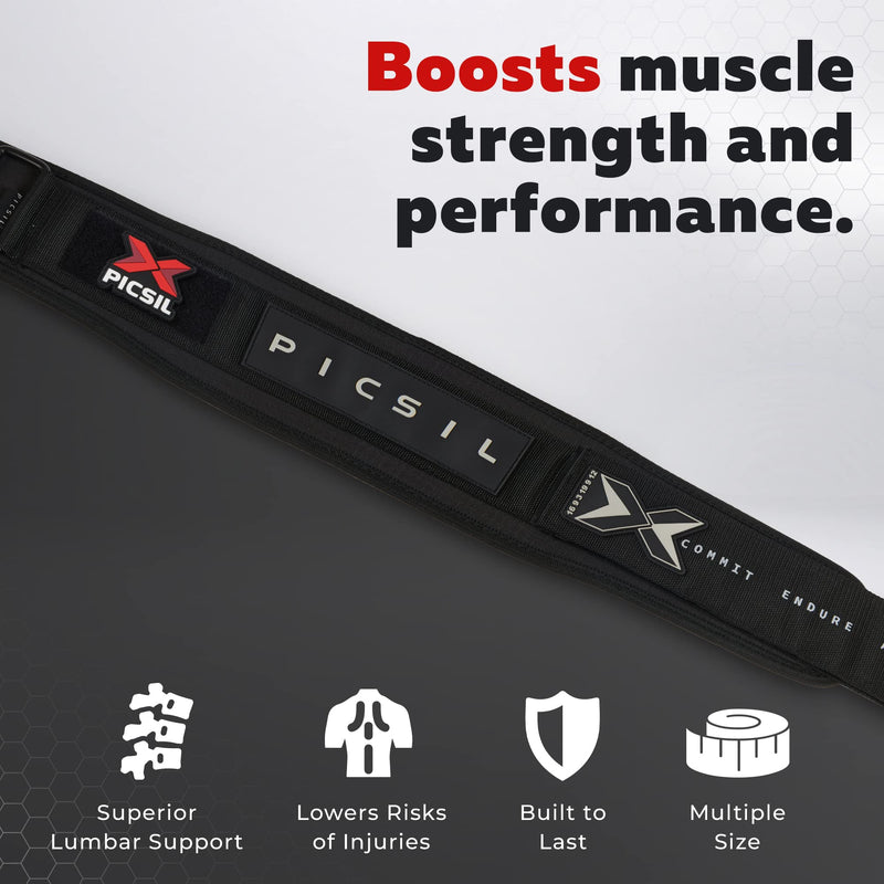 PICSIL - Weight Lifting Belt | Core & Back Support | Customizable with Patch Space | Ideal for Cross training, Squats & Barbell Exercises | Strength Belt for Women and Men | Size Small S Black