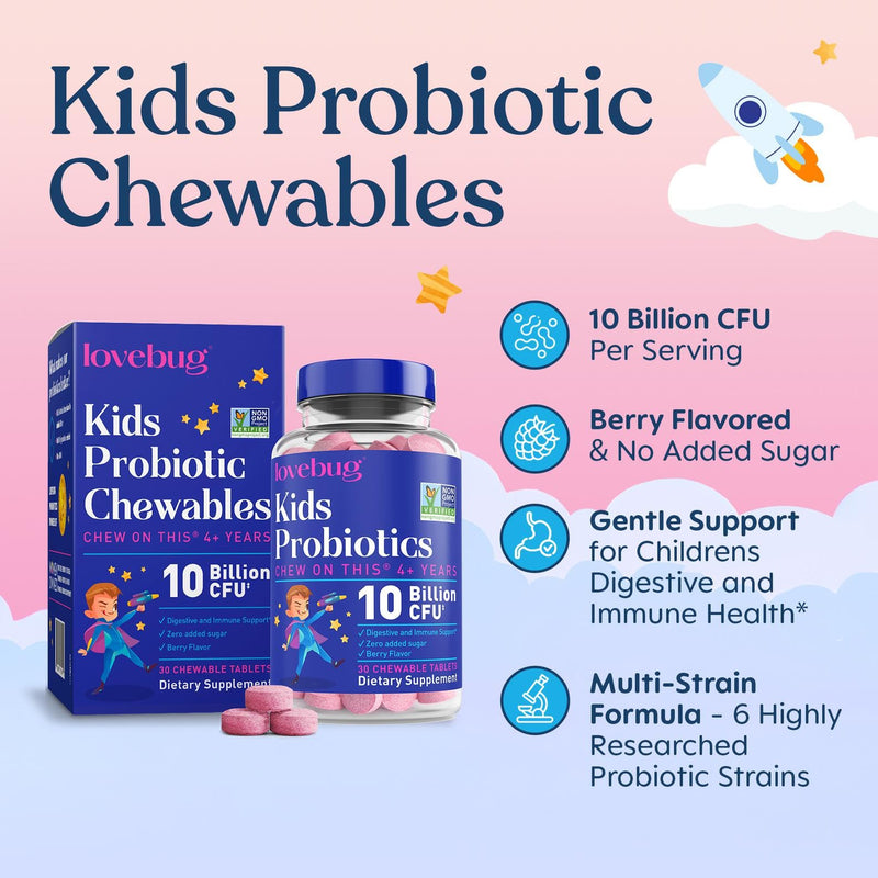 LOVEBUG Probiotics for Kids – Probiotic Chewables with Prebiotic Fiber for Age 4+, Daily Children's Gut Health, Constipation, Digestive & Immune Support Supplement, Sugar-Free Berry Flavor, 60 ct 60 Count (Pack of 1)