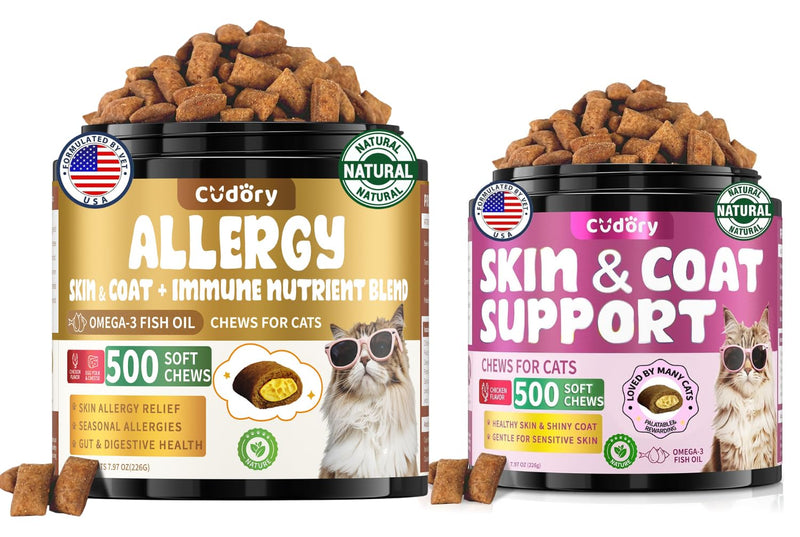 Chews for Cats Bundle-Cat Allergy Relief +Natural Skin and Coat Support for Cats for Digestive & Gut Support-Cat Supplements Omega 3 & Probiotic & Vitamins -Chicken