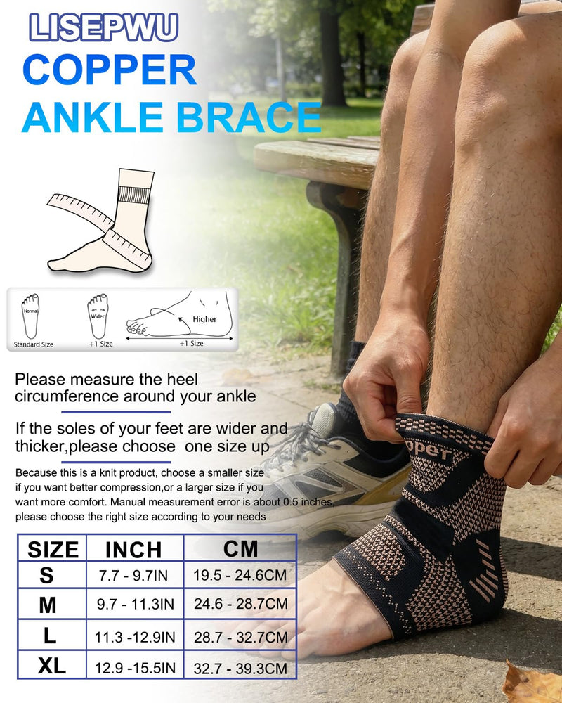 LISEPWU Copper Ankle Brace, Copper Infused Ankle Support Compression Sleeve for Men & Women, for Foot Pain Relief, Sprained Recovery, Achilles Tendonitis, Daytime or Night Use(L) Yellow- black Large - BeesActive Australia