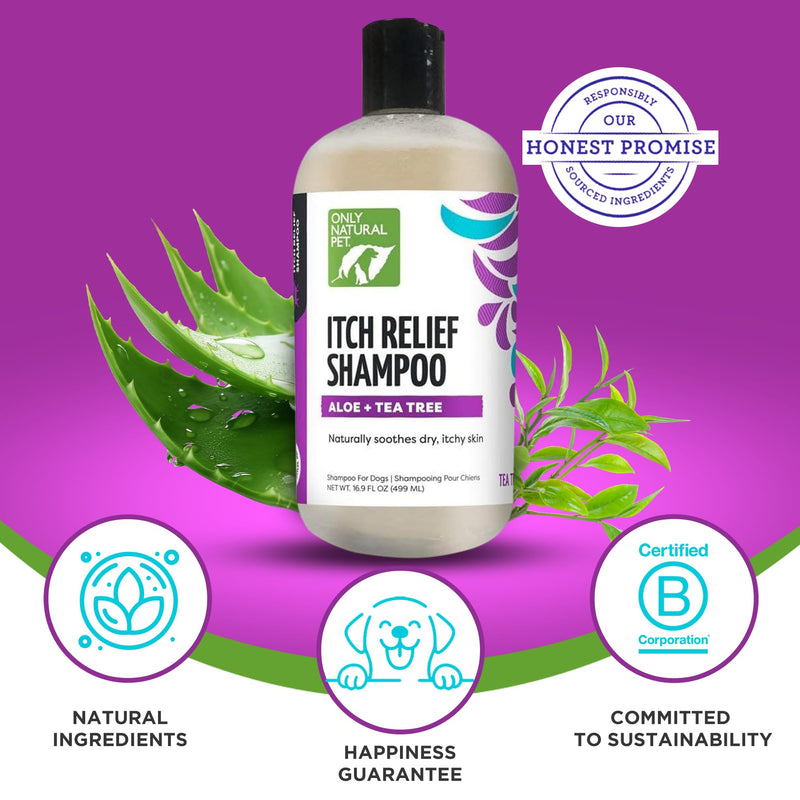 Only Natural Pet Itch Relief Shampoo with Aloe + Tea Tree for Dogs, Oatmeal Dog Shampoo for Dry Itchy Skin Allergies, Anti Itch Sensitive Skin No Sulfates, Parabens, Phosphates, Phthalates - 16.9 Oz 16.9 oz - Shampoo - PawsPlanet Australia