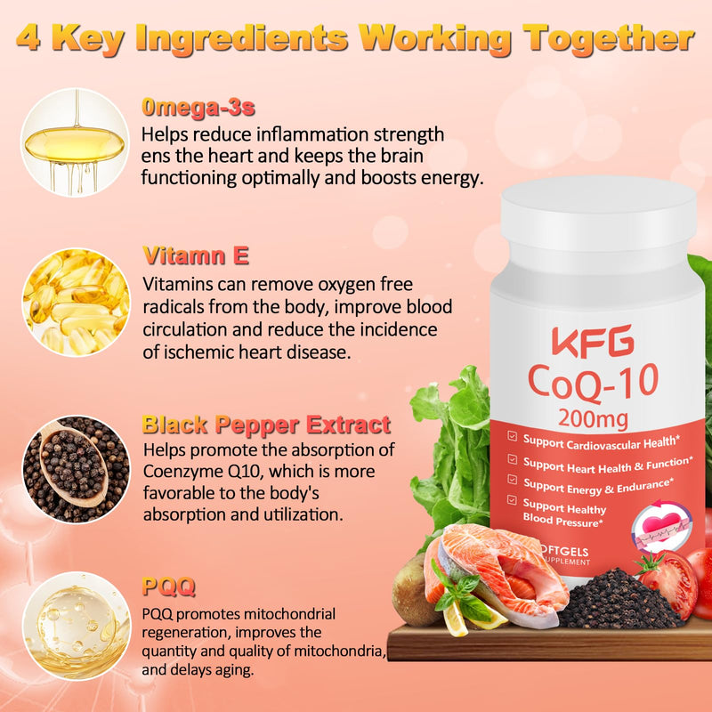 KFG CoQ10 200mg Softgels, Coenzyme Q10 Supplements Support Heart Health, Cardiovascular Health, Immune System & Cellular Energy Production, Gluten Free