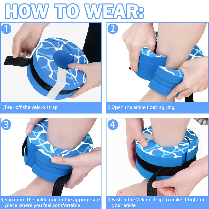 Hikeen Swim Aquatic Cuffs,High-Density EVA Water Aerobics Float Ring Fitness Pool Exercise Weights Set, Water Ankles Arms Belts with Adjustable Float for Swim Fitness Training ‎ Blue