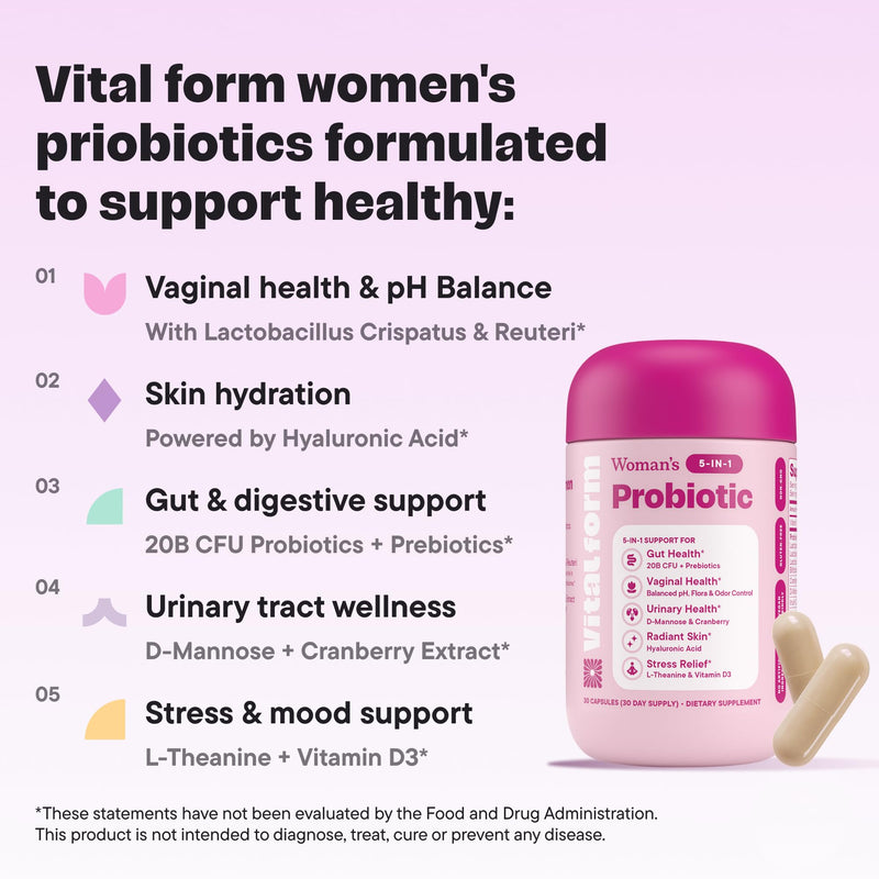 Women’s Probiotic 20 Billion CFU – 5-in-1 Daily Support for Digestive, Vaginal & Urinary Health – with Cranberry, D-Mannose, Prebiotics & Hyaluronic Acid – 30 Capsules
