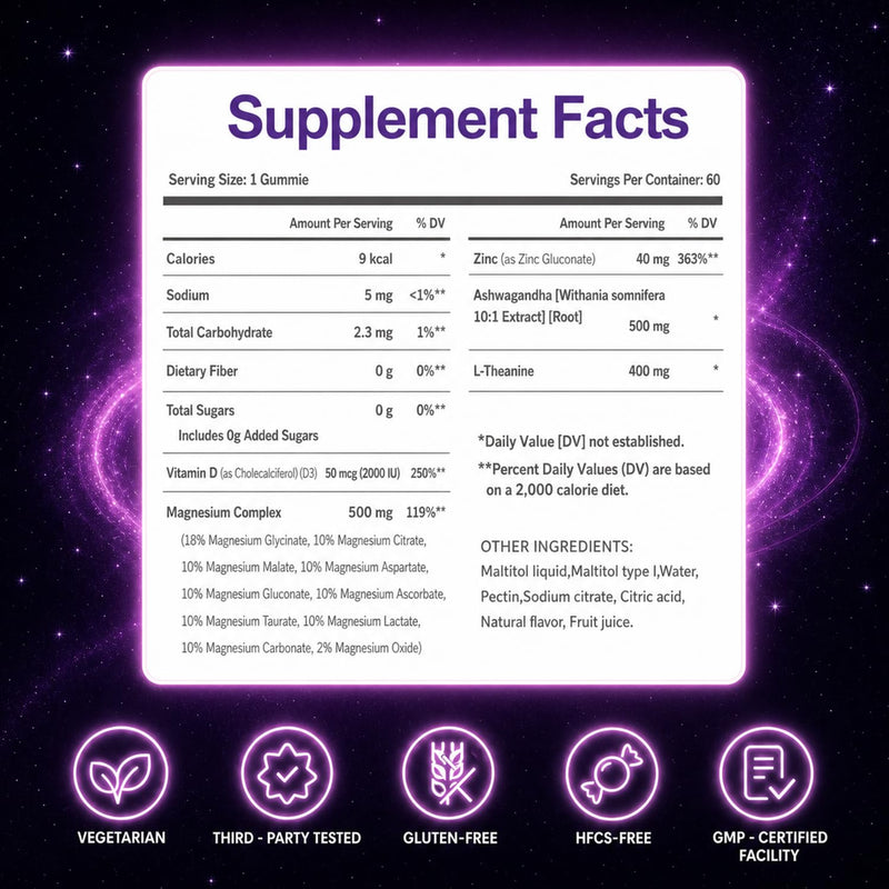 Magnesium Glycinate Gummies, 500mg 14-in-1 Magnesium Complex, 60 Count | With Ashwagandha, L-Theanine, Zinc & Vitamin D3 to Support Relaxation, Sleep, Muscle & Immune Health 60 Count (Pack of 1) 60.0