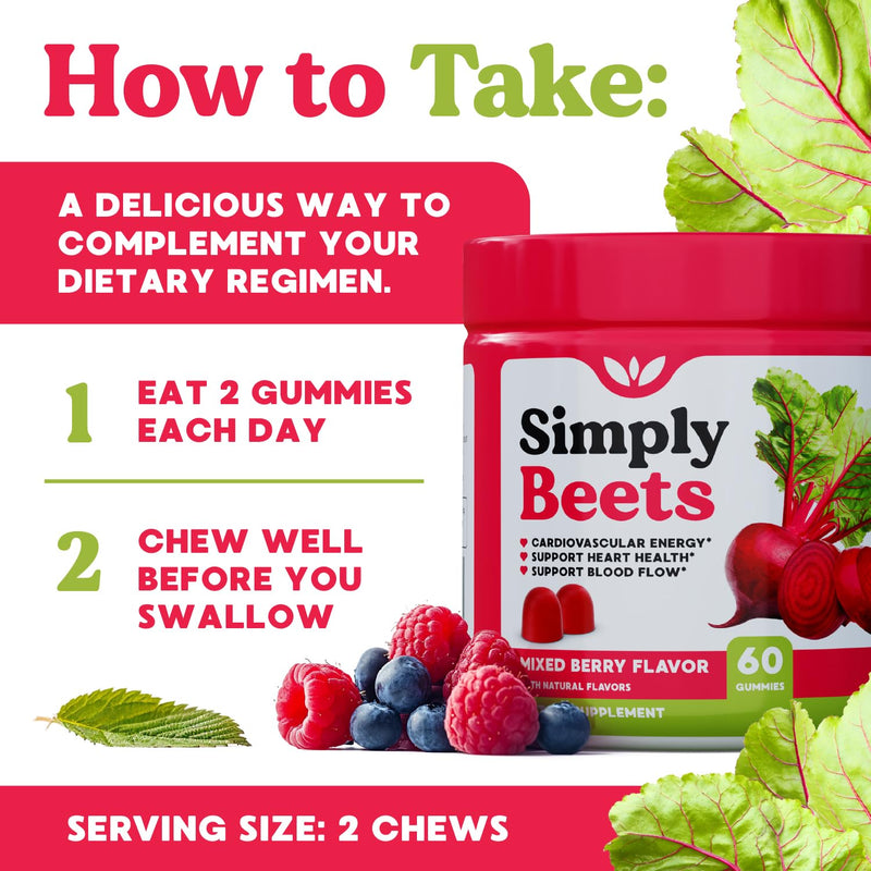 Simply Nature's Pledge Beet Gummies, CoQ10, Grape Seed Extract (Pack of 2) | CoQ10, Nitric Oxide & Energy Support, Non-GMO Beetroot Powder & Grape Seed Extract, Natural Mixed Berry Flavor 60 Count (Pack of 2)