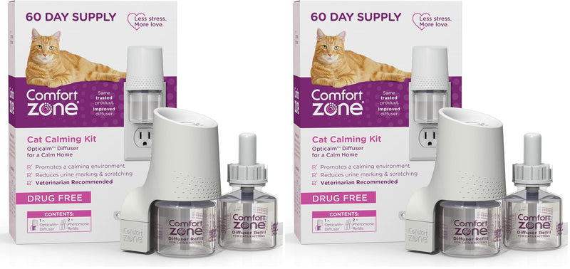 Comfort Zone 60 Day Starter Kit: 1 Cat Calming Diffuser & 2 Refills; Cat Pheromones Help Anxiety; Reduce Stress,Urine Marking,Scratching,(Pack of 2)