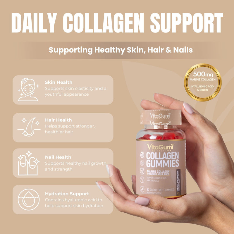 Collagen Gummies | 500mg Type I Marine Collagen, Hyaluronic Acid, Biotin, Vitamin C & Zinc | Supports Healthy Skin, Hair & Nails | 60 Sugar-Free Vegan Gummies | Strawberry Flavour