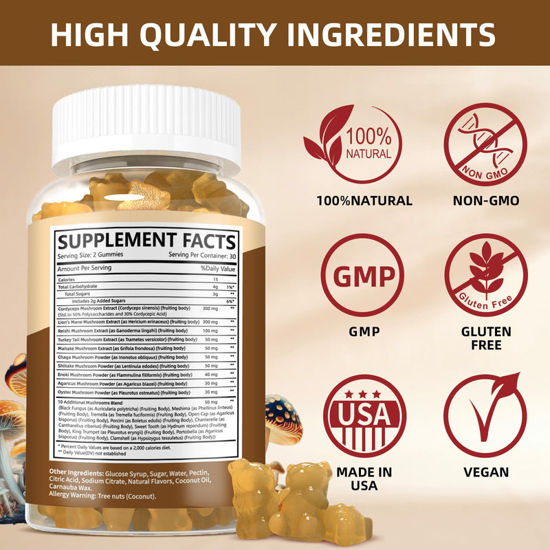Mushroom Gummies with Lion's Mane & Cordyceps - Immune Support, Brain Health & Memory Enhancement - Vegan Mushroom Complex with Vitamin D3, B6, B9 & B12 - Focus, Energy & Cognitive Function Supplement