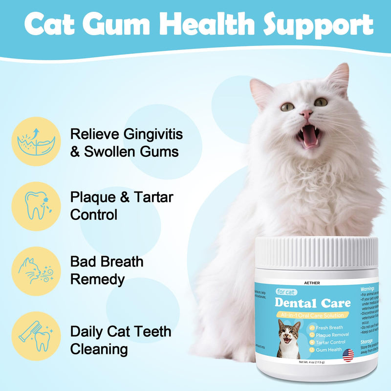 AETHER Cat Dental Care Powder, Cat Gingivitis Support with Natural Extracts, Helps Reduce Bad Breath, Plaque & Tartar, Supports Teeth, Gums Oral Health, Daily Teeth Cleaning Supplement for Cats, 4oz