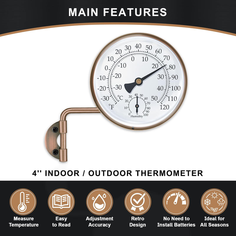 4 Inch Brass Outdoor Thermometer, Outside Decorative Thermometer for Patio, Window, Greenhouse, Garage, Brass Swivel Temperature Gauge with Humidity, Analog Temperature Gauge 4 Inch without Stand