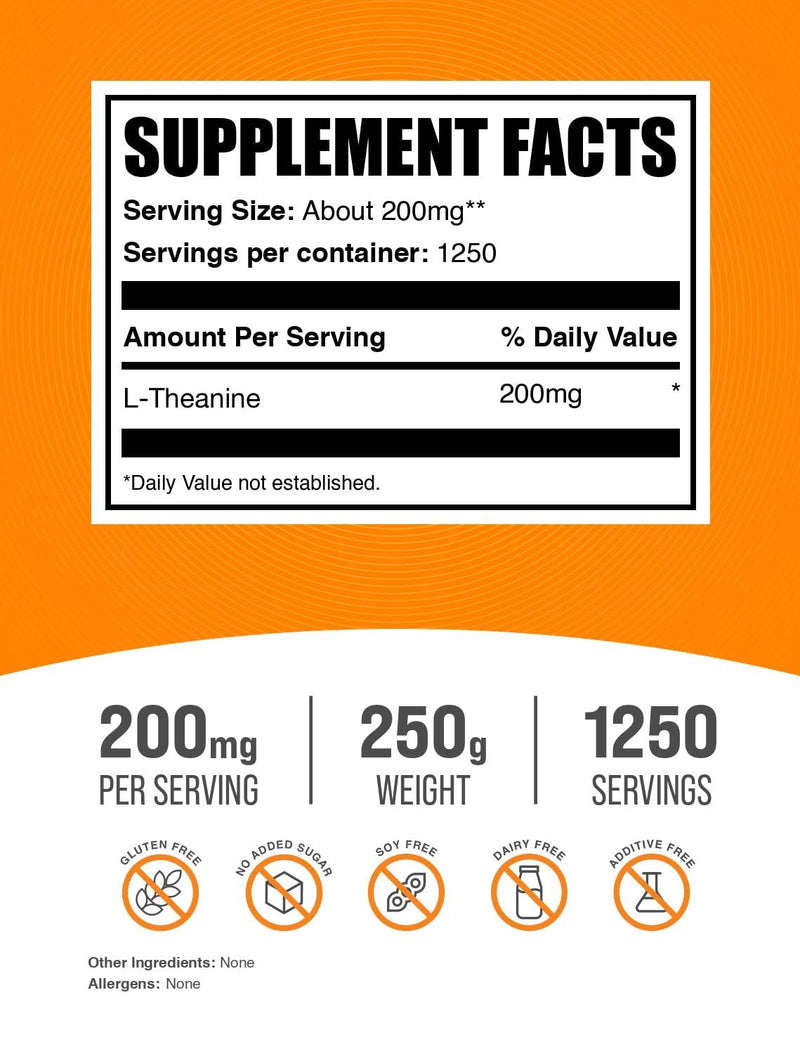BulkSupplements.com L-Theanine Powder - L-Theanine Supplement, L-Theanine 200mg - Amino Amino Supplement, Pure & Gluten Free, 200mg per Serving, 250g (8.8 oz) (Pack of 1) Unflavored 8.82 Ounce (Pack of 1)