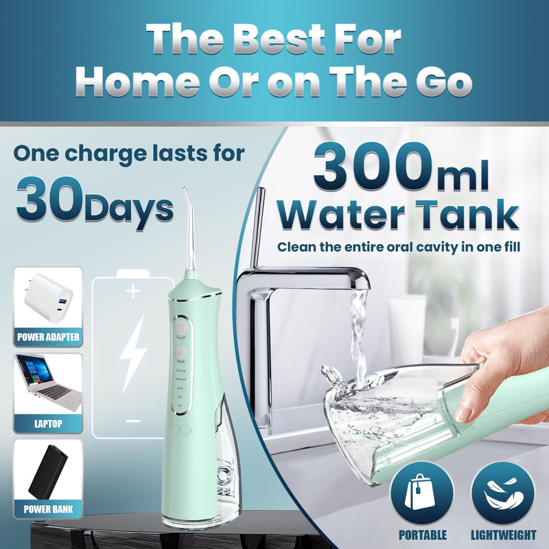 Water Flosser for Teeth Cleaning, 300ML Portable Cordless Oral Irrigator with DIY Strength, 4 Modes, IPX7 Waterproof & 30-Day Battery, 2-Min Smart Timer for Home/Travel Dental Care, Green
