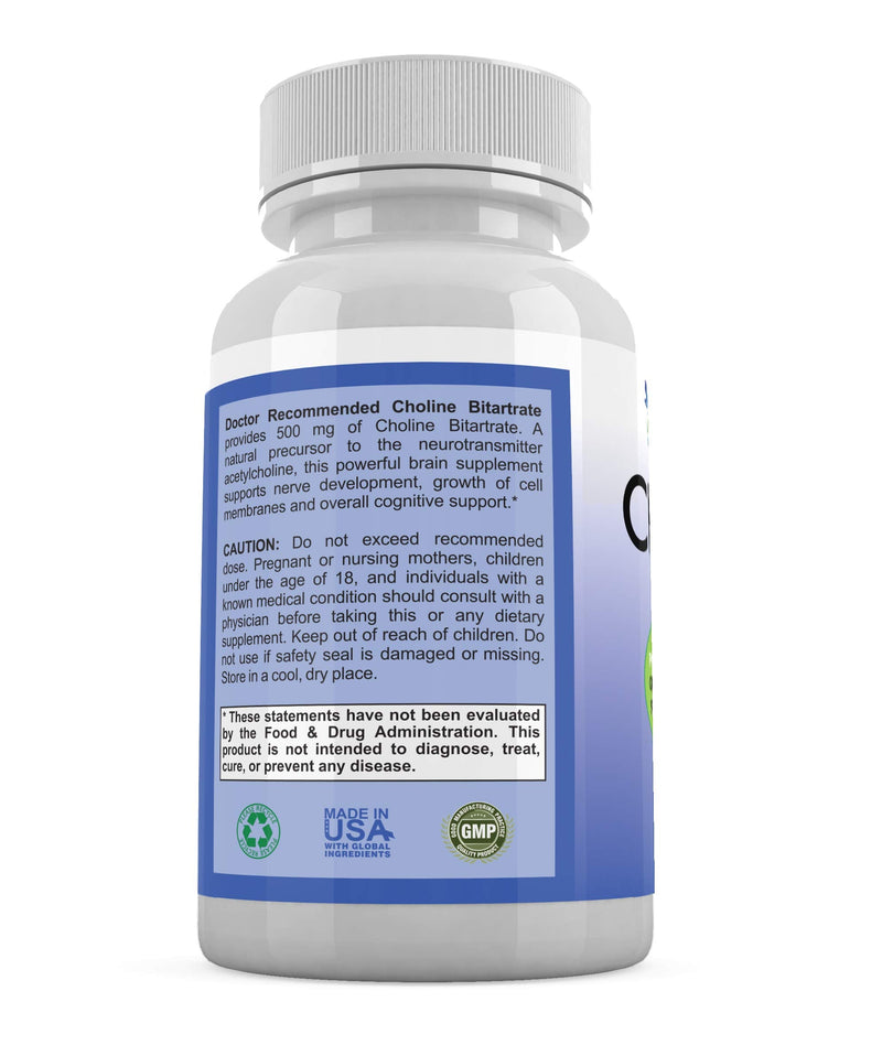 Premium Choline - 500 mg - 120 Veggie Capsules - Supports Cognitive Health, Memory & More - 2 Pack 120 Count (Pack of 2)