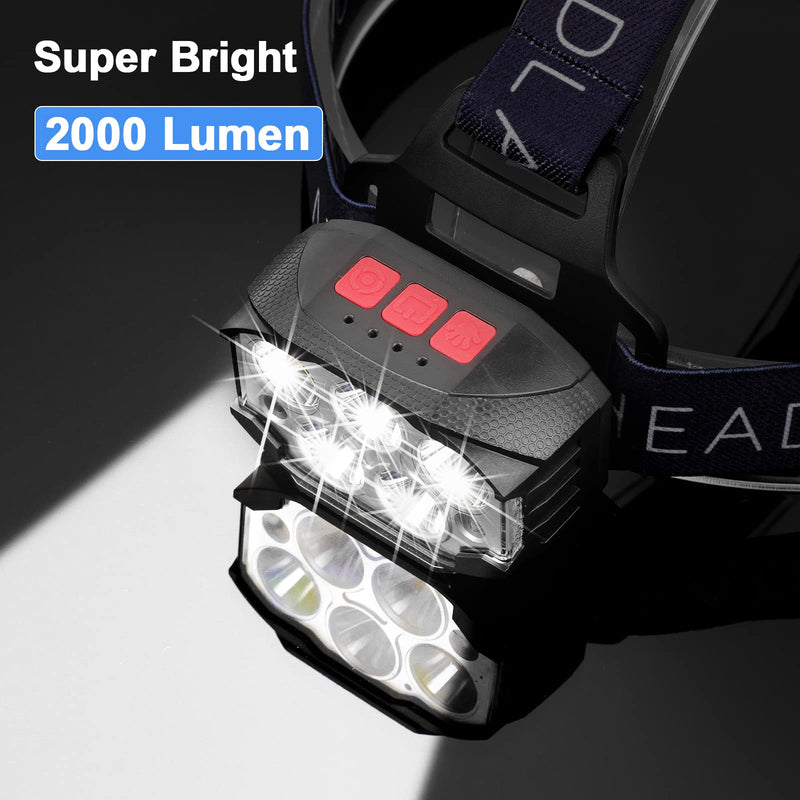 Head Torch Rechargeable Super Bright 2000lm Headlamp LED Headlight IP65 Waterproof Grade with Motion Sensor Switch, 14 Lighting Modes for Running Camping Hiking Outdoor Sports [Energy Class A++]