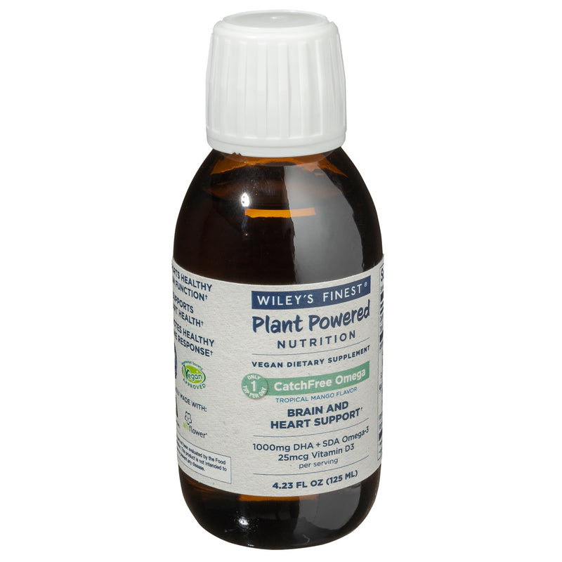 Wiley's Finest CatchFree Omega, Vegan & Plant-Powered, 4.23 oz | Brain and Heart Support, Omega-3 Liquid Support, Plant-Based Algae Oil, Includes Vitamins K2 and D3, Tropical Mango Flavored