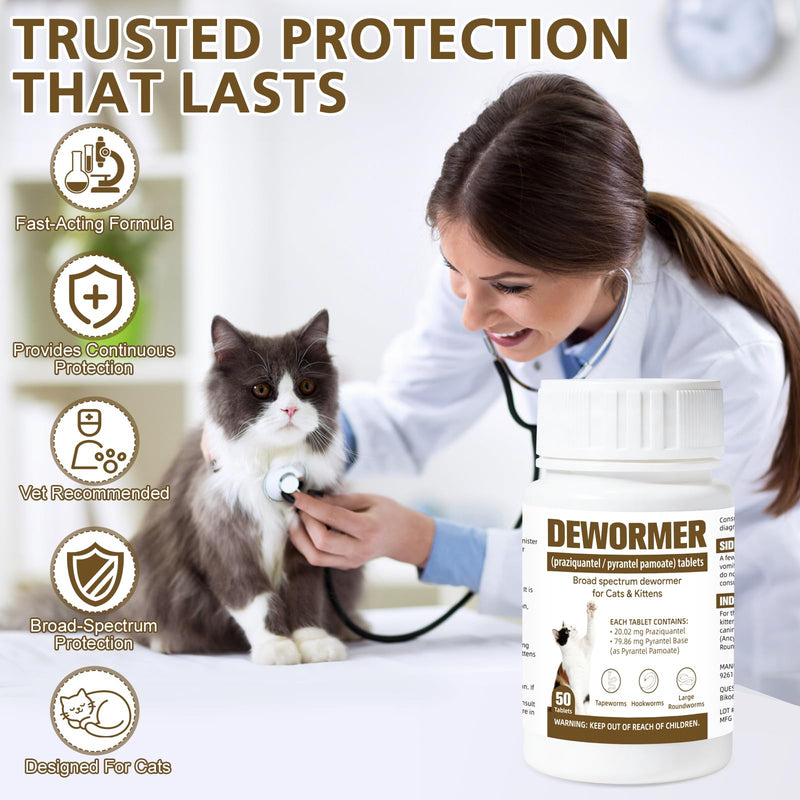 Broad-Spectrum Dewormer for Cats & Kittens, for Tapeworms, Hookworms & Roundworms, 50 Tablets