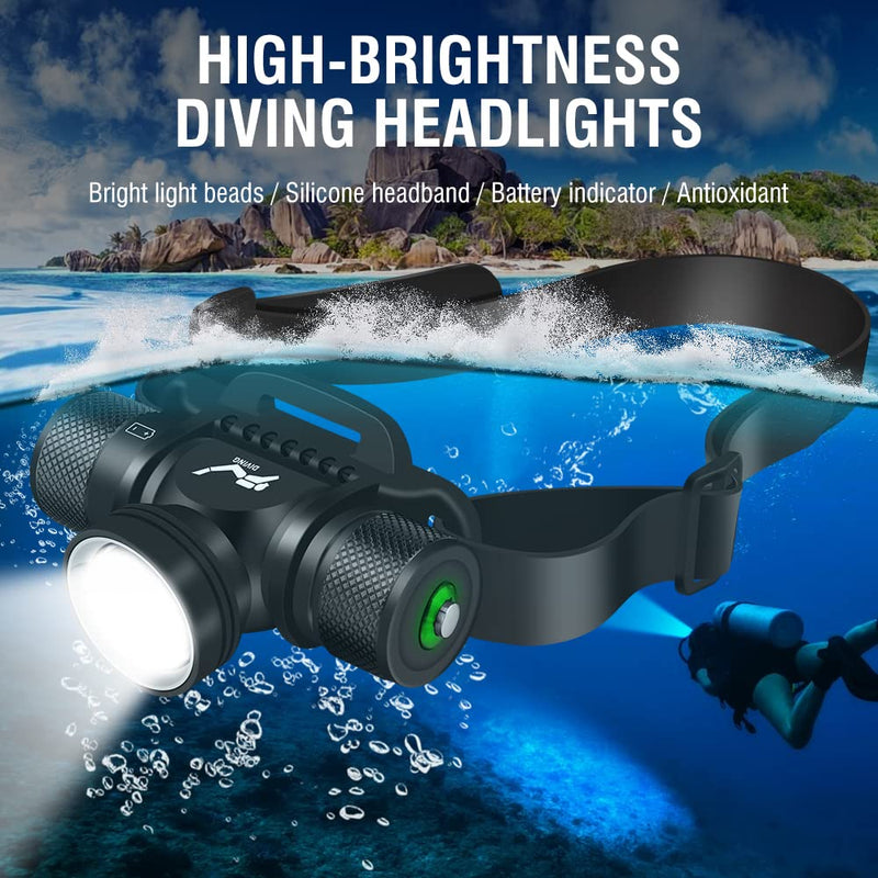 Super Bright Diving Headlamp, 5 Modes Professional Dive Headlight, Underwater 60M Head Torch for Swimming,Snorkeling, Caving,IPX8 Waterproof Dive Light with Battery and Charger