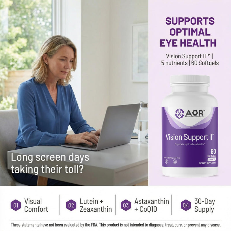 AOR Eye Support, Vision Support II, Lutein & Zeaxanthin, 60 Softgels | Multi-Ingredient Eye Supplements, Lutein & Zeaxanthin for Eyes, Olive Oil Softgels, Gluten-Free & Non-GMO, Blue Light Support