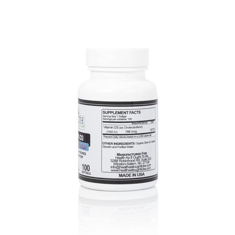 Health As It Ought To Be Vitamin D3 188mcg Bone & Immune | 100 Softgels | High-potency formula supports immune wellness, bone strength, normal calcium absorption, muscle function and healthy aging Vitamin D-3 7500 Ius - 100 Softgels