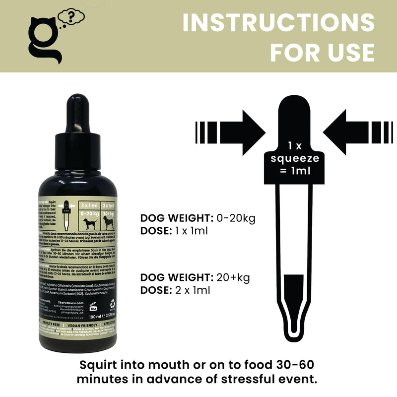 Calm Guru | Natural Anti-Anxiety Dog Calming Supplement Drops, 100ml | Calming Care for Hyperactivity, Noise Phobia, Dog Separation Anxiety, Fireworks | Valerian for Dogs