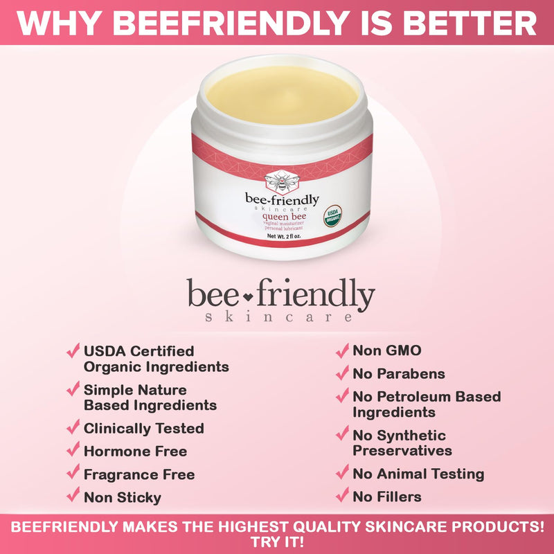 BeeFriendly Organic Vaginal Moisturizer, USDA Certified, Natural Vulva Cream For Dryness, Itching, Irritation, Redness, Chafing Of Vagina Due To Menopause & Thinning 2 oz 2 Ounce (Pack of 1)
