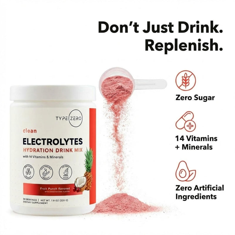 Type Zero Clean Electrolytes Hydration Powder (Fruit Punch) 50 Servings | 14 Essential Vitamins & Minerals, Sugar Free, Zero Artificial Ingredients