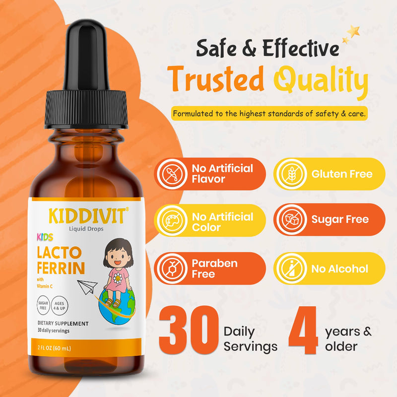 Lactoferrin Kids Liquid Drops with Vitamin C – 30 Daily Servings, 2 FL OZ (60 mL) – Immune & Digestive Support – Sugar Free, Gluten Free