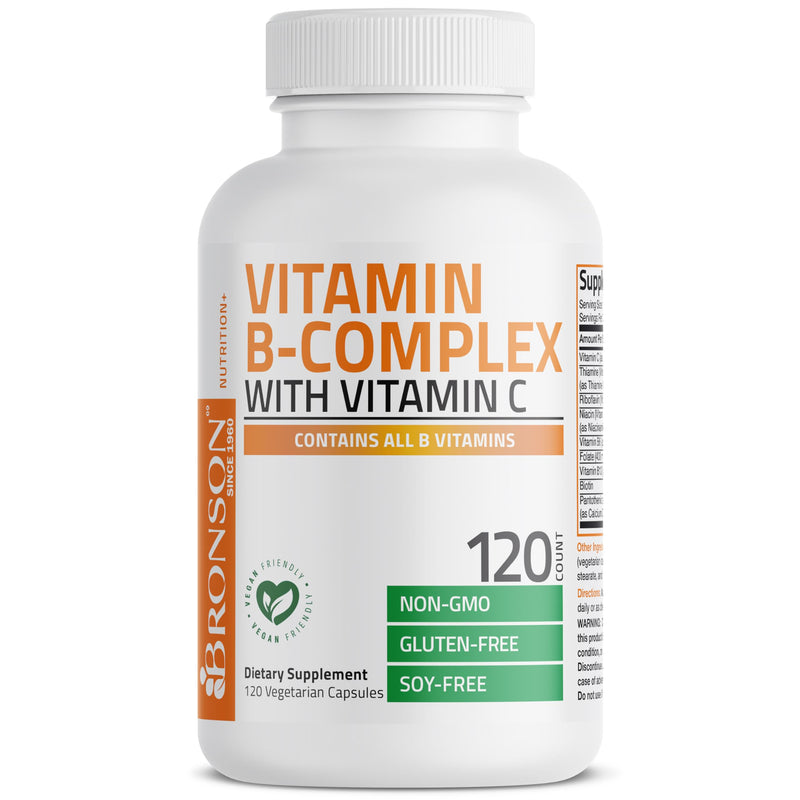 Bronson Vitamin B Complex with Vitamin C Vegetarian Capsules, 120 Count | Immune Health, Energy Support, Nervous System Support, Non-GMO, Soy-Free, Gluten-Free, Contains All B Vitamins Unflavored 120 Count (Pack of 1)