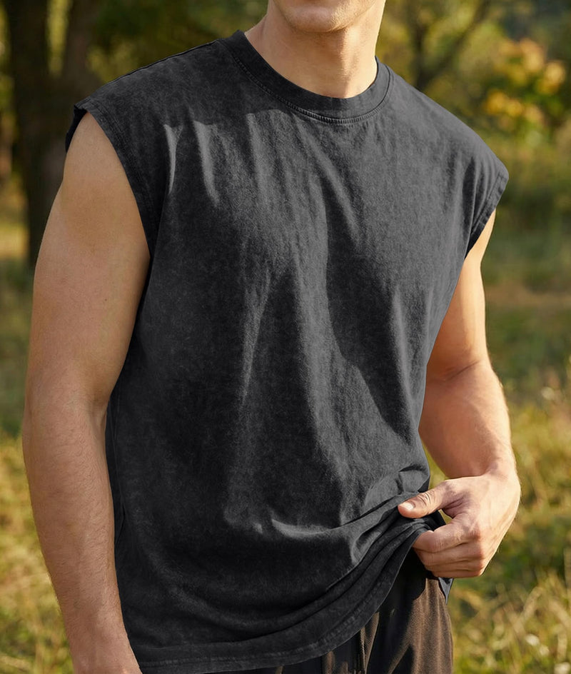 JMIERR Men's 100% Cotton Washed Sleeveless T-Shirt Crew Neck Muscle Tank Top for Summer Casual Gym Workout Medium Black - BeesActive Australia