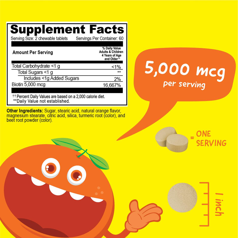 VitaWorks Kids Biotin 5000mcg Chewable Tablets | Tasty Biotin Supplement | Vegan, Non GMO | Hair Growth, Skin and Nail Heath | Hair Vitamins for Kids | 120 Chewables