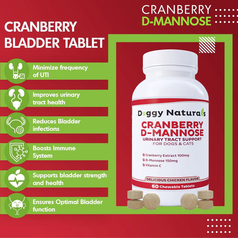 Cranberry D-Mannose for Dogs and Cats Urinary Tract Infection Support Prevents and Eliminates UTI, Bladder Infection Kidney Support, Antioxidant (Single Strength Tablet, 60 Count) Single Strength Tablet