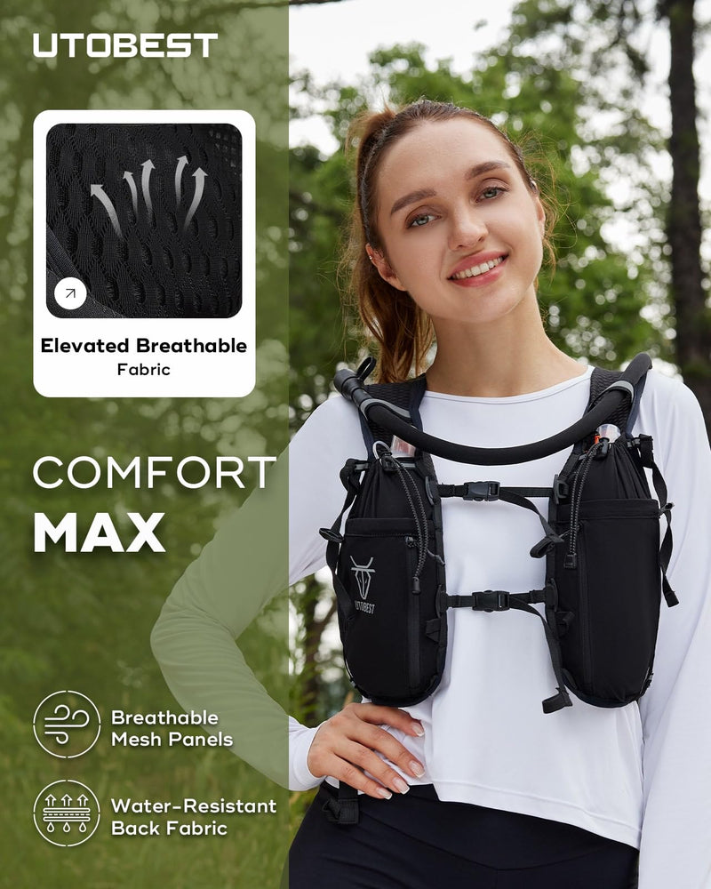 Upgrade Running Hydration Vest 10L, Running Backpack for Women Men Multi-Functional Storage, Adjustable Water Vest for Trail Marathon Race Jogging Cycling Black with 2L Bladder ML (Chest Size:35-40inch)