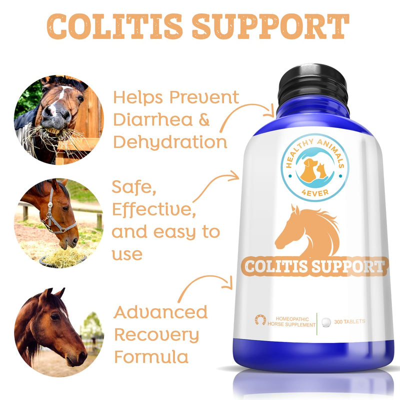 Animals 4Ever All-Natural Horse Colitis Support - Helps Prevent Diarrhea & Dehydration - Supplements for Horses - Homeopathic & Highly Effective - 300 Tablets - BeesActive Australia