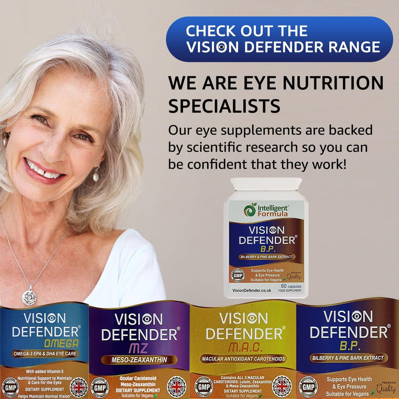 Vision Defender BP - Bilberry & Pine Bark Eye Supplement, 60 Vegan Capsules | Eye Pressure & Eye Health Support, Anthocyanin & Procyanidin Antioxidants, 1-2 a Day, 1-2 Month Supply, Gluten & Lactose Free
